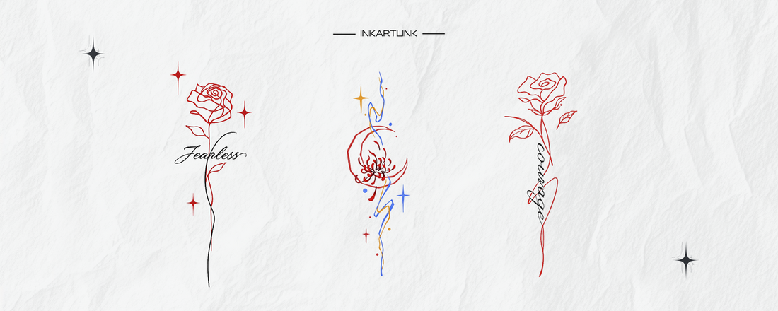 Fine Line Tattoo Ideas: "Fearless" & "Courage" Rose Art