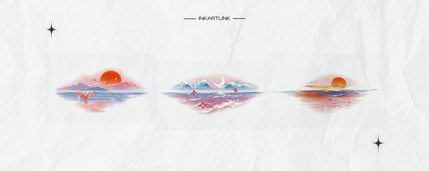 Watercolor Dreamscape Tattoos: Sun, Moon & Sea Collection