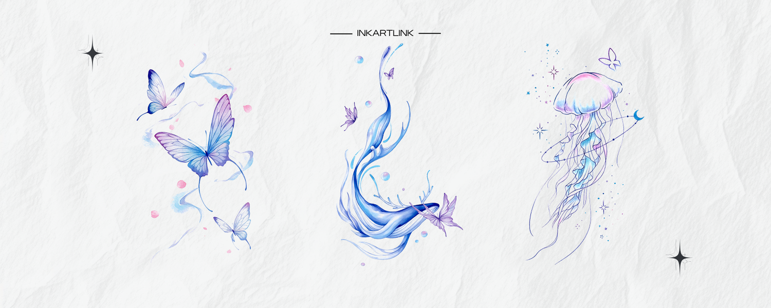 Ethereal Watercolor Tattoos: Butterfly, Whale & Jellyfish