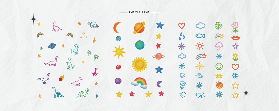 Colorful Kids Temporary Tattoos | Dinosaur, Space & Cute Icon Set