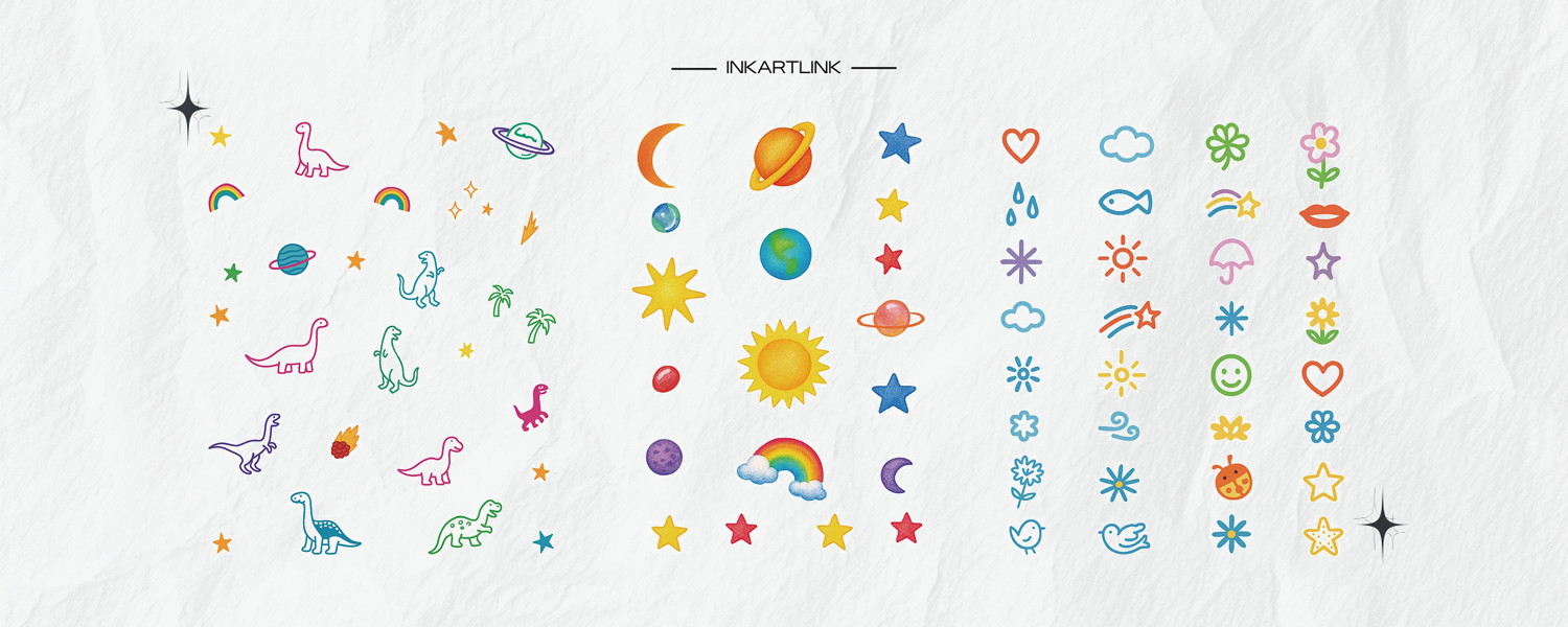 Colorful Kids Temporary Tattoos | Dinosaur, Space & Cute Icon Set