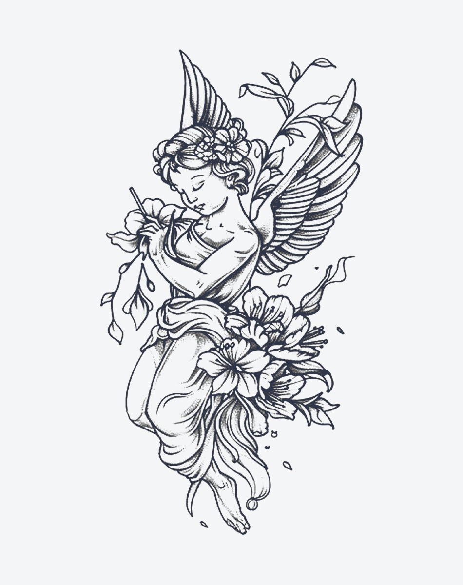 Engelkind umgeben von Blumen