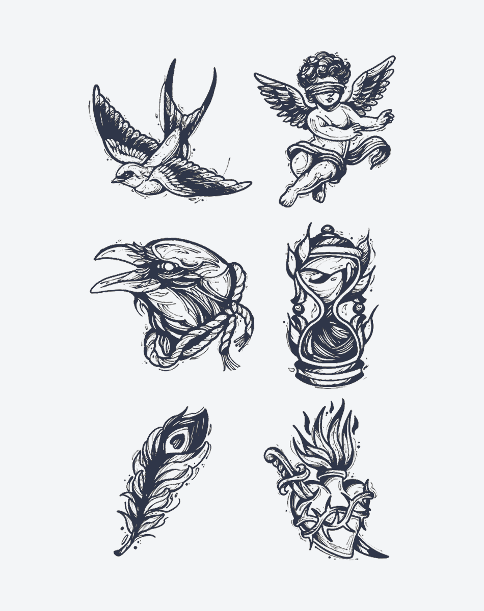 Old school tattoo designs featuring an angel, birds, hourglass, feather, and shield for trendy body art.
