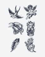 Old school tattoo designs featuring an angel, birds, hourglass, feather, and shield for trendy body art.