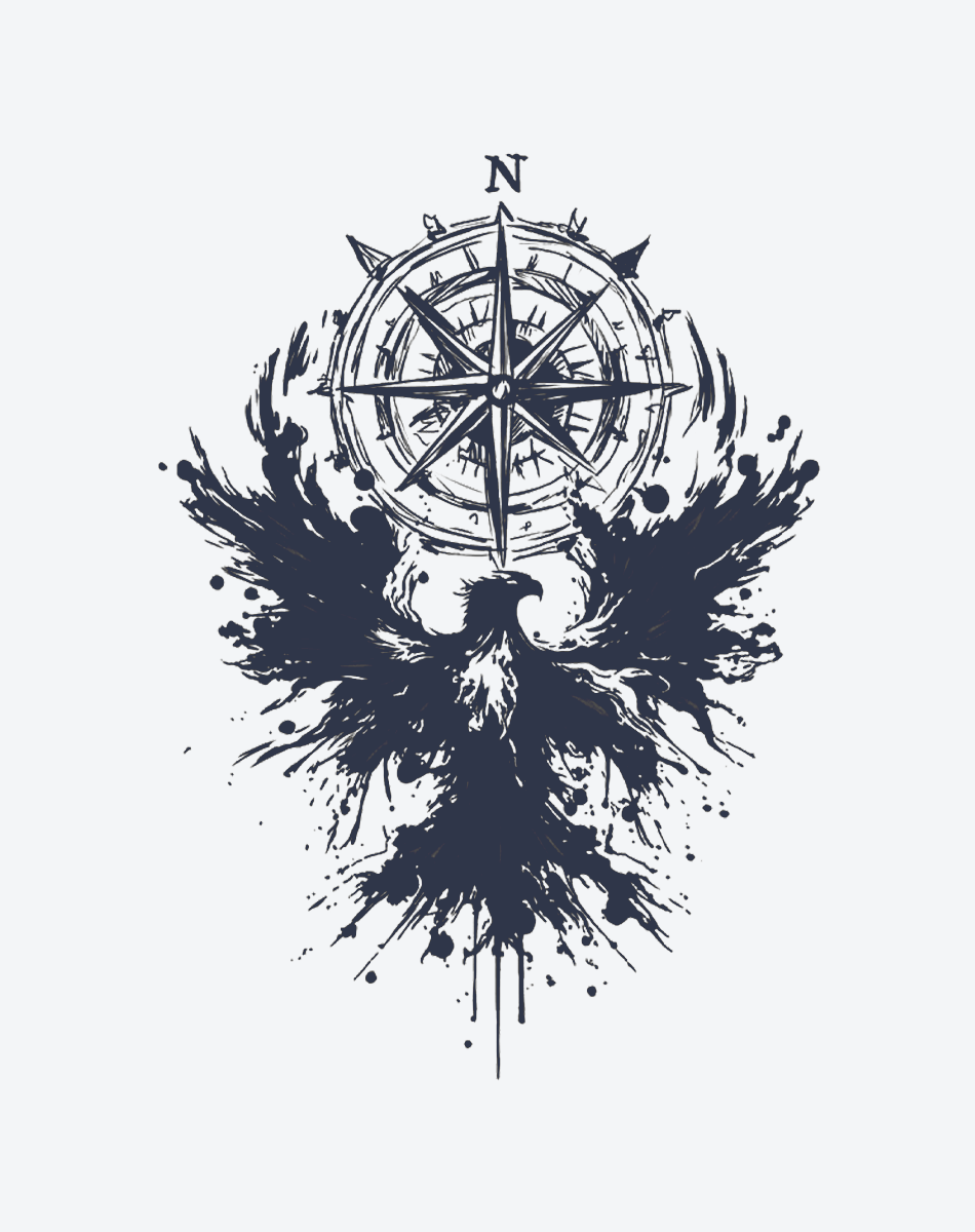 Stylized phoenix with compass, representing guidance and freedom in tattoo art.