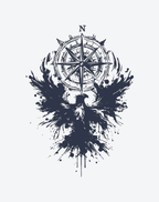 Stylized phoenix with compass, representing guidance and freedom in tattoo art.