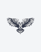 Intricate owl tattoo design with outstretched wings, showcasing detailed feather patterns and a fierce expression.