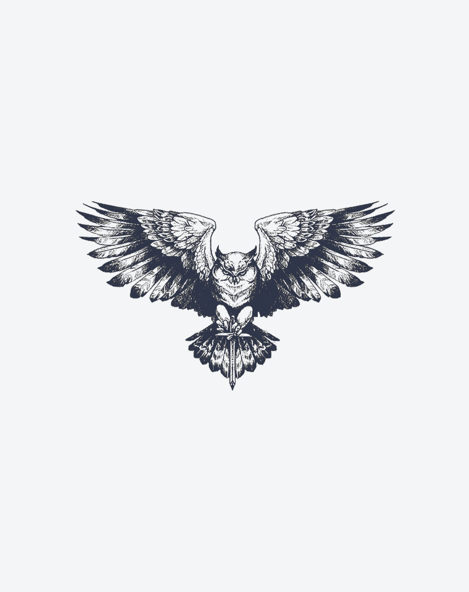 Intricate owl tattoo design with outstretched wings, showcasing detailed feather patterns and a fierce expression.