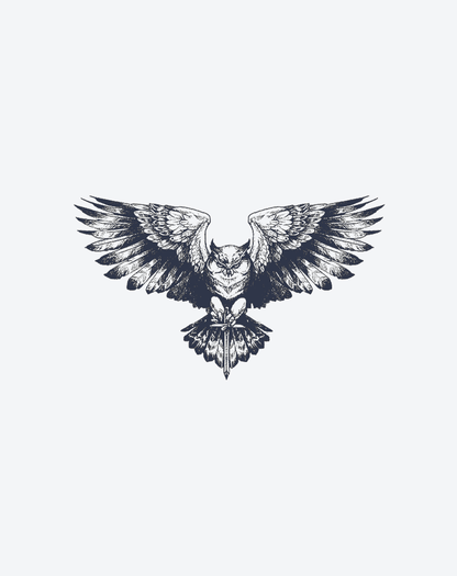 Intricate owl tattoo design with outstretched wings, showcasing detailed feather patterns and a fierce expression.