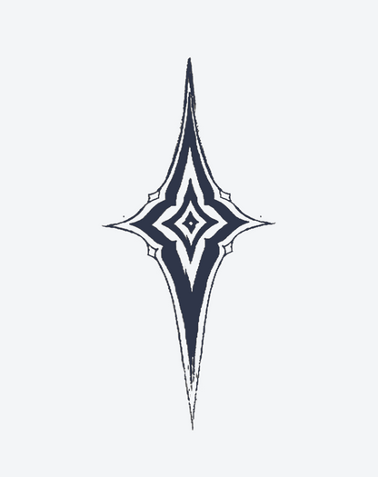Celestial Spark temporary tattoo design featuring a sharp, stylized star with nested diamond shapes.
