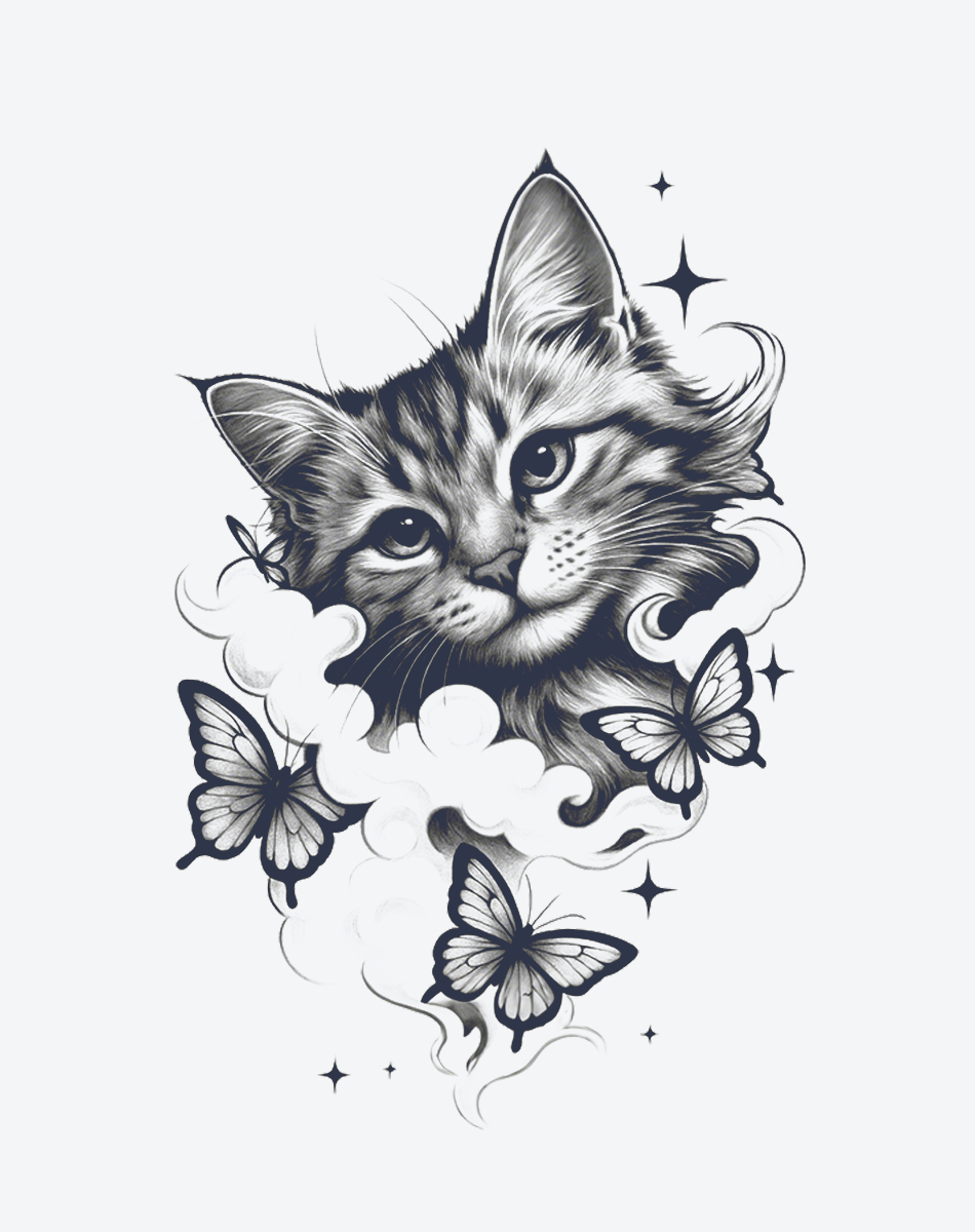 Butterfly Dream Cat Whimsical Temporary Tattoo