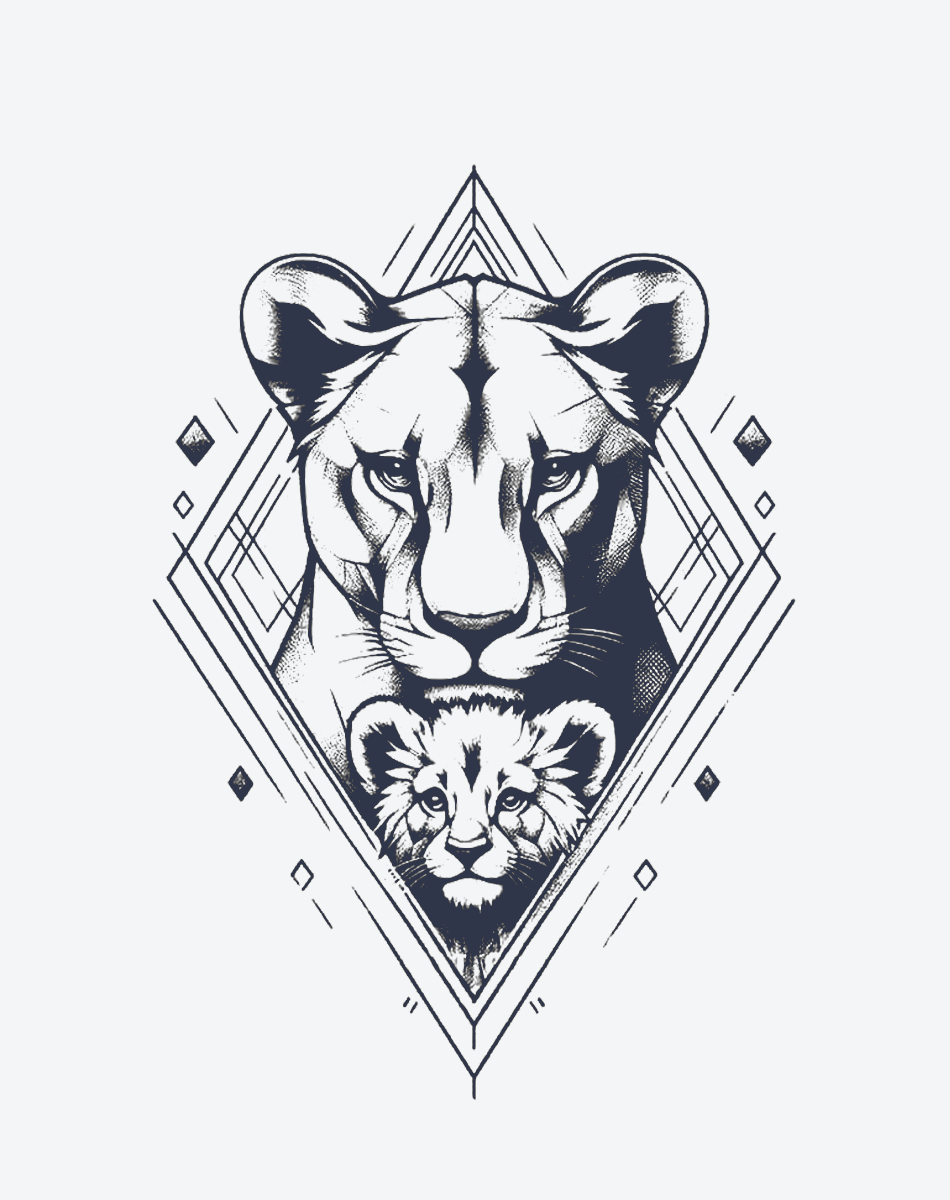 Lioness & Cub Geometric Tattoo