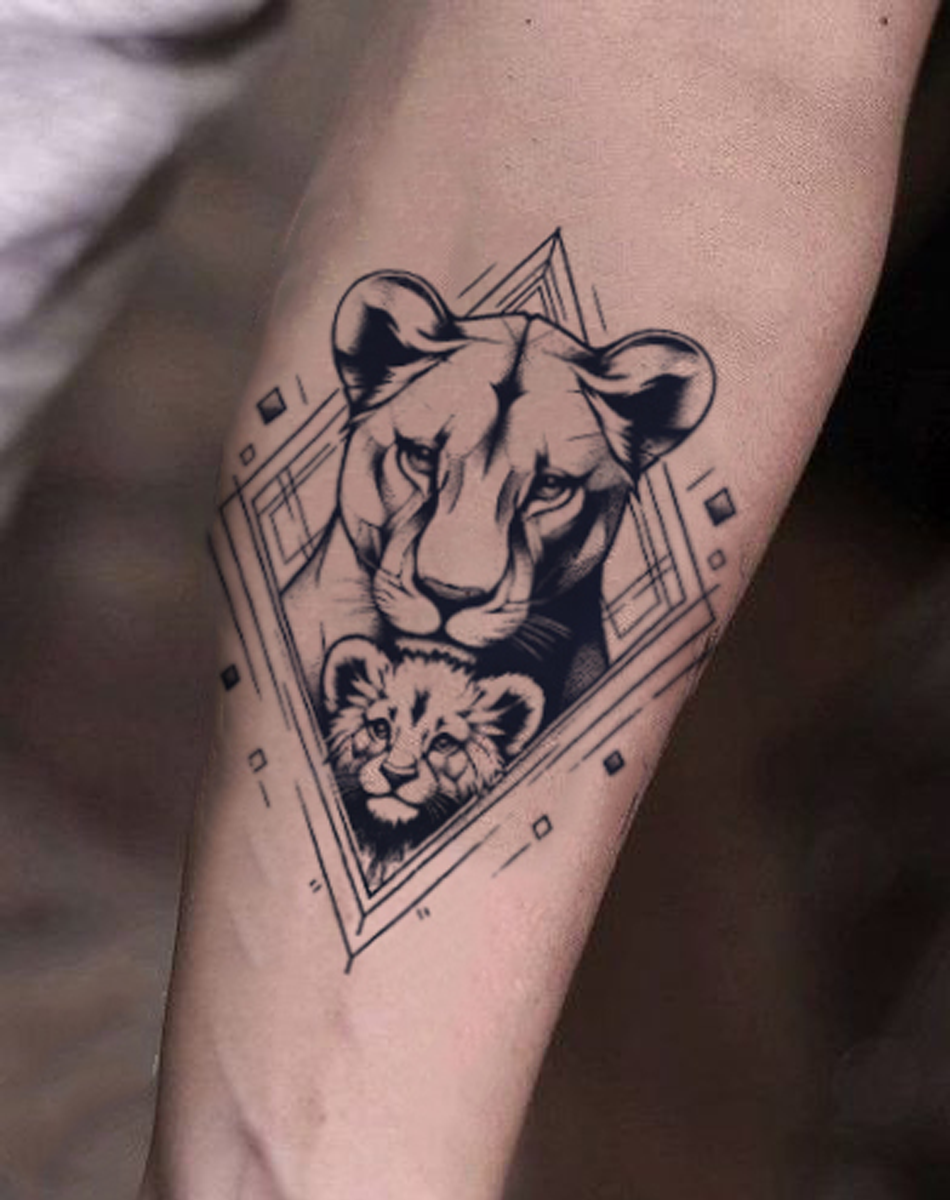 Lioness & Cub Geometric Tattoo