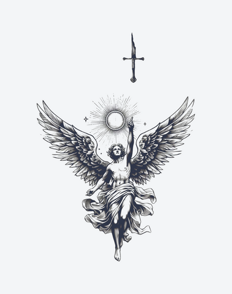 守護天使の太陽と十字架のタトゥー – 光と守護 – INKARTLINK