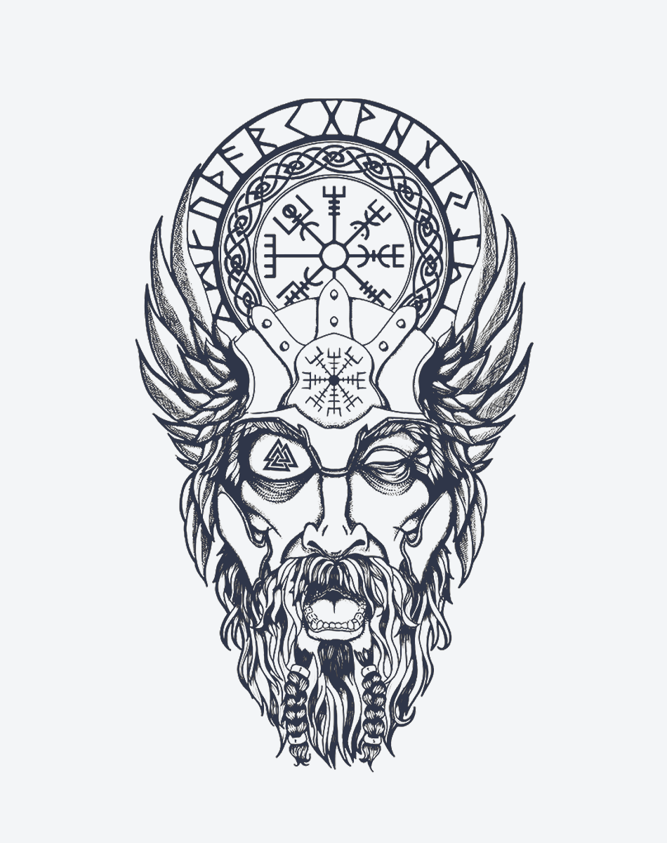 Illustration of a Norse god with wings and mystical symbols, representing strength and ancient mythology.