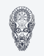 Illustration of a Norse god with wings and mystical symbols, representing strength and ancient mythology.