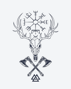 Viking deer skull design featuring Norse symbols and crossed axes, perfect for tattoo enthusiasts.