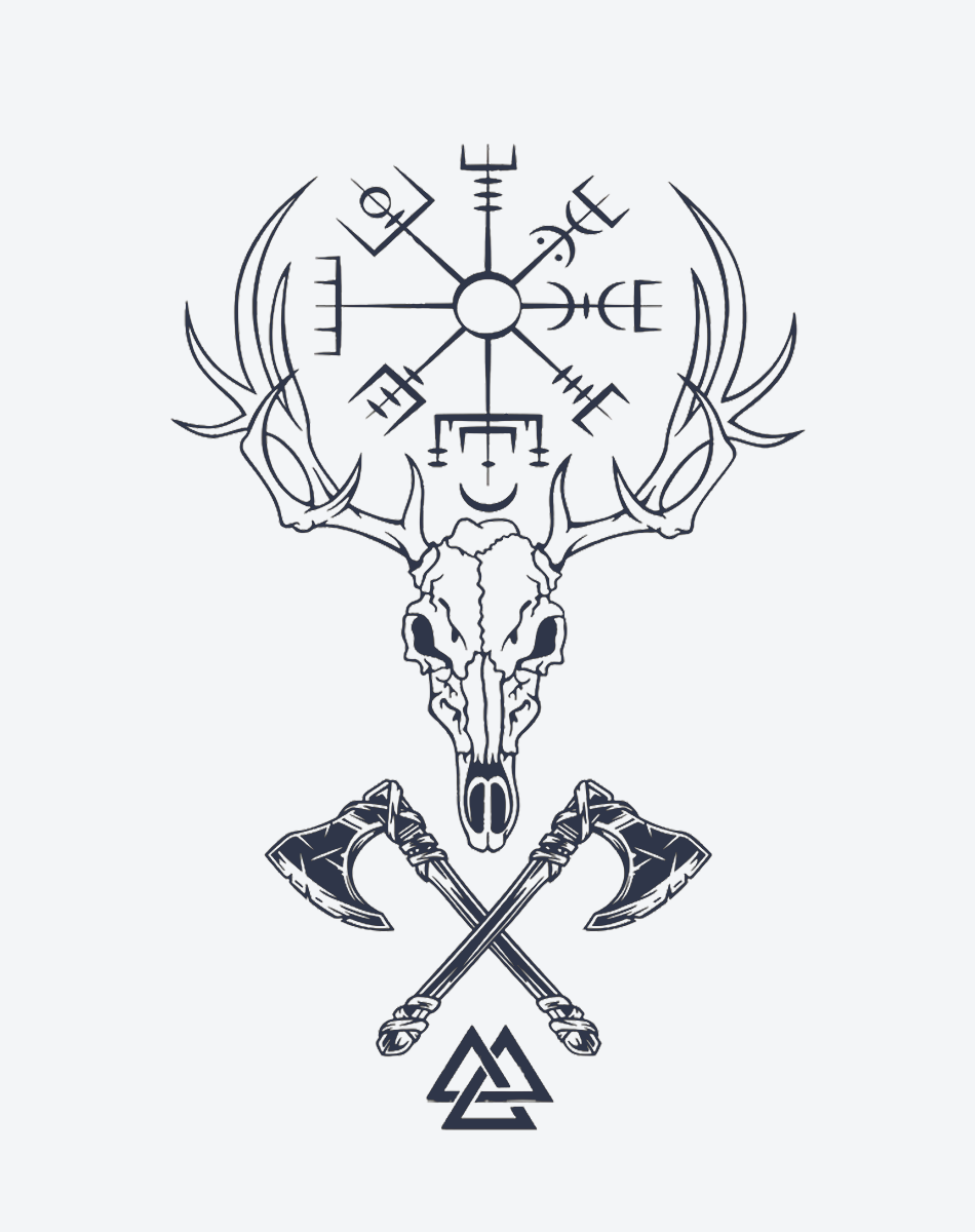 Viking deer skull design featuring Norse symbols and crossed axes, perfect for tattoo enthusiasts.