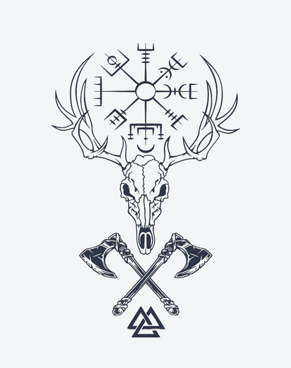 Viking deer skull design featuring Norse symbols and crossed axes, perfect for tattoo enthusiasts.