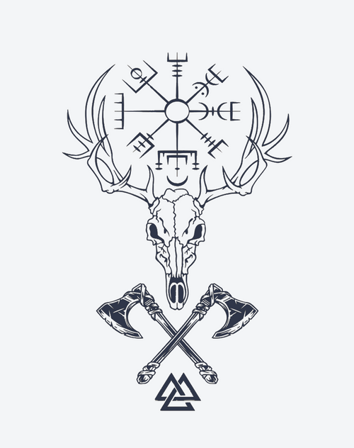 Viking deer skull design featuring Norse symbols and crossed axes, perfect for tattoo enthusiasts.
