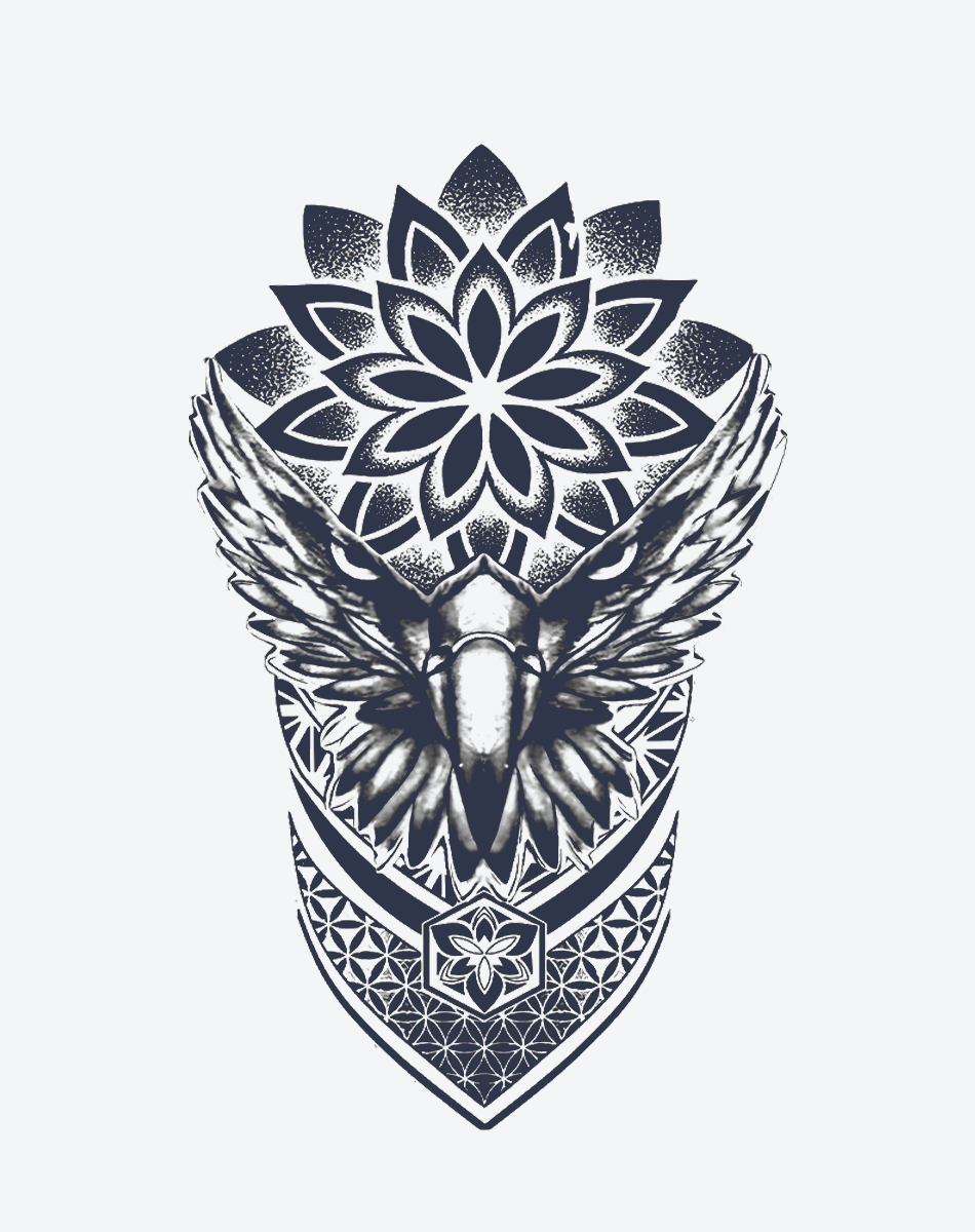 Intricate Sacred Wings Decal featuring a bold eagle design surrounded by floral motifs.