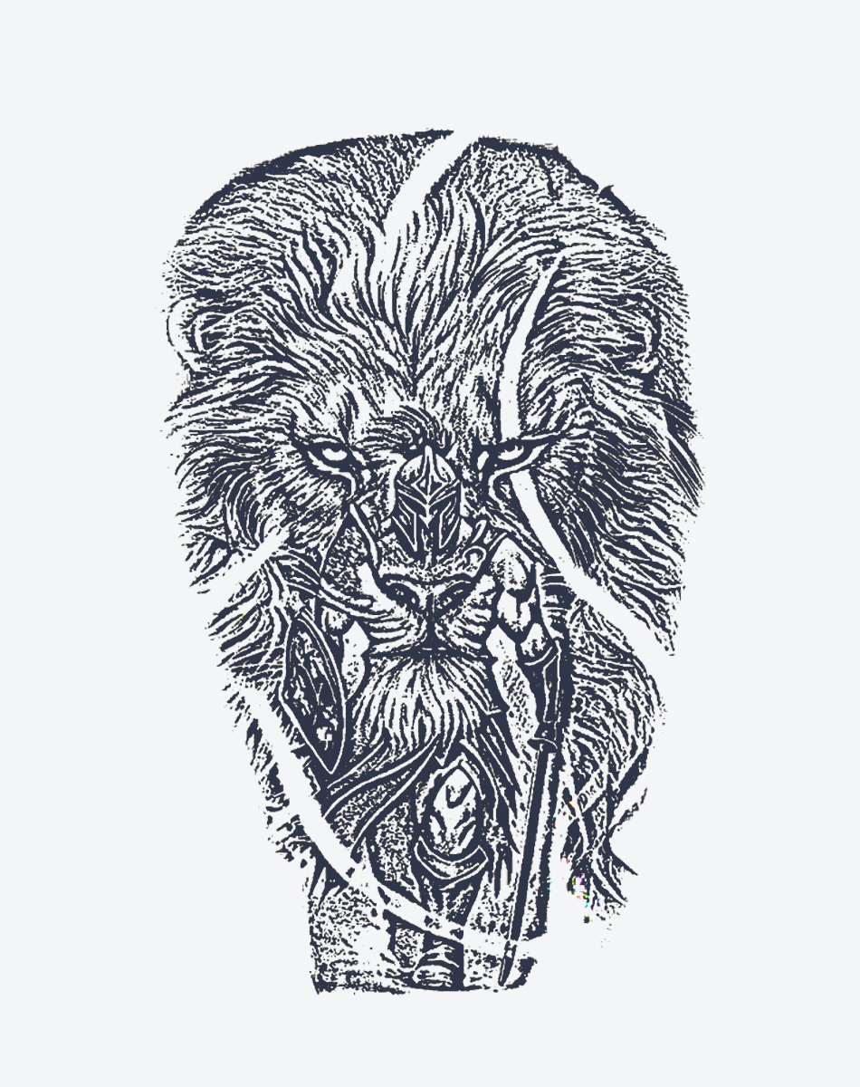 Intricate lion design tattoo decal featuring a powerful lion with a warrior theme.