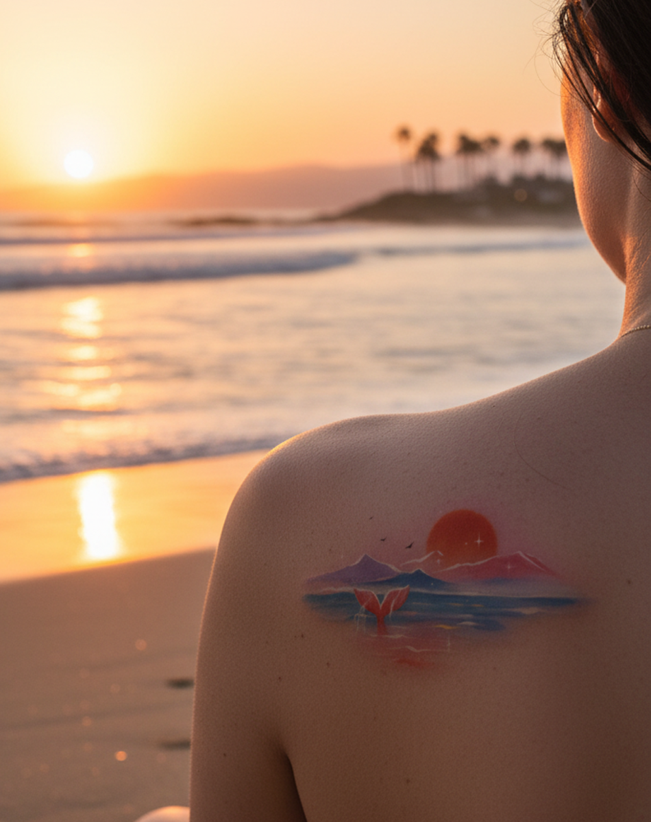 Whale Sunset Tattoo Temporary Art