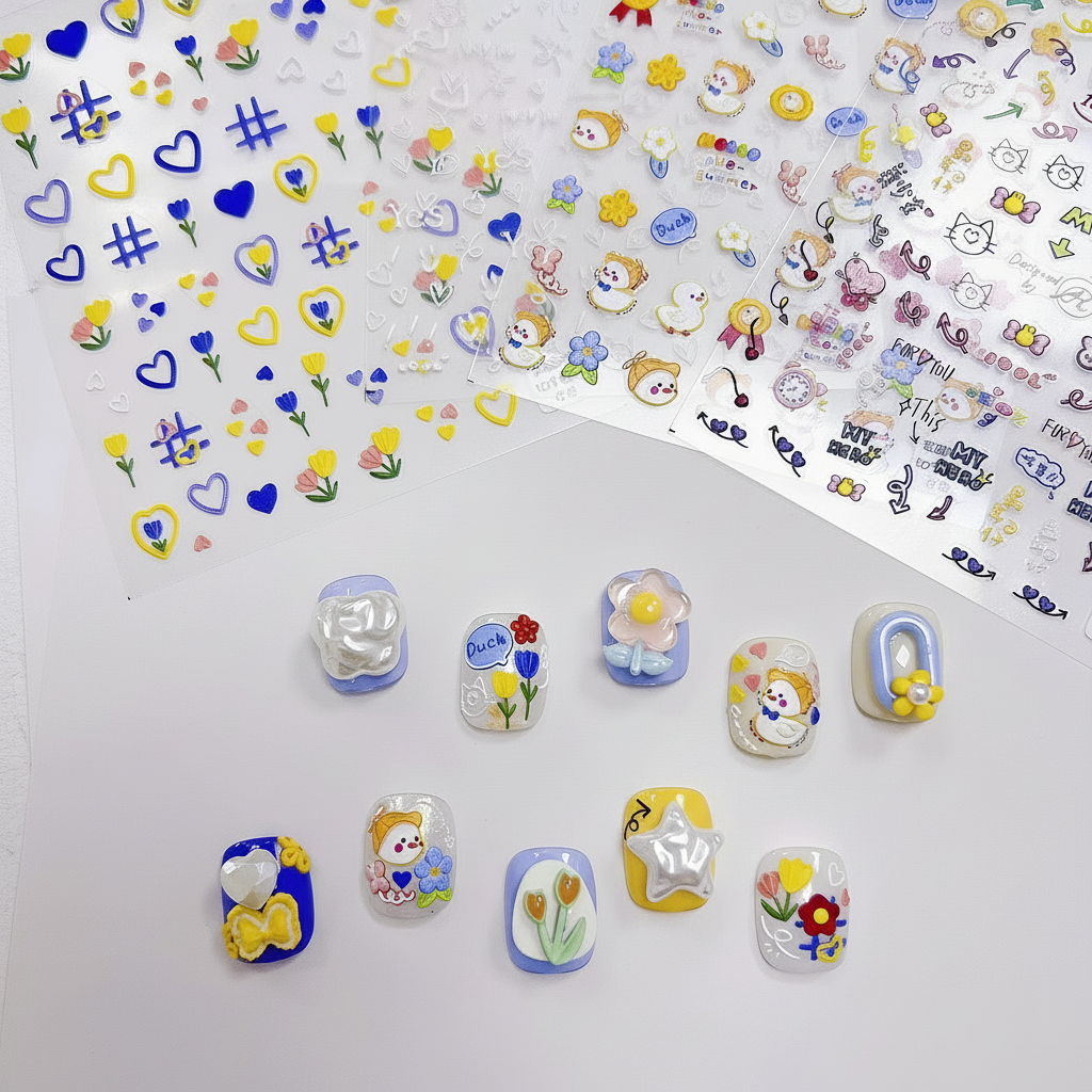 Color-Block Embossed Heart Nail Art