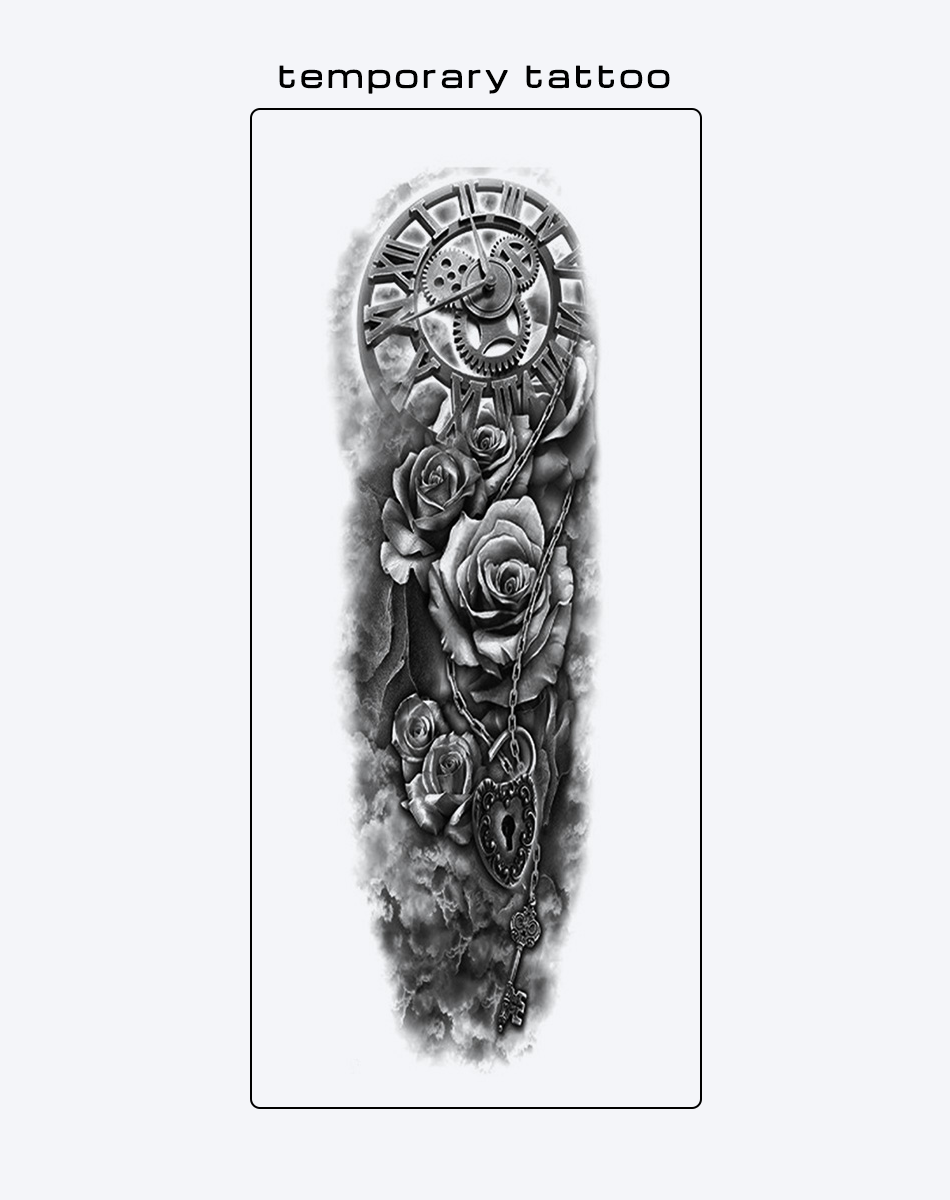 Steampunk Clock and Roses Tattoo Full Arm Sleeve