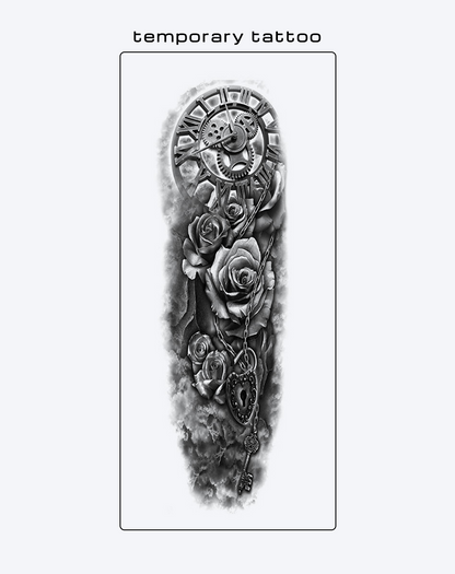 Steampunk Clock and Roses Tattoo Full Arm Sleeve