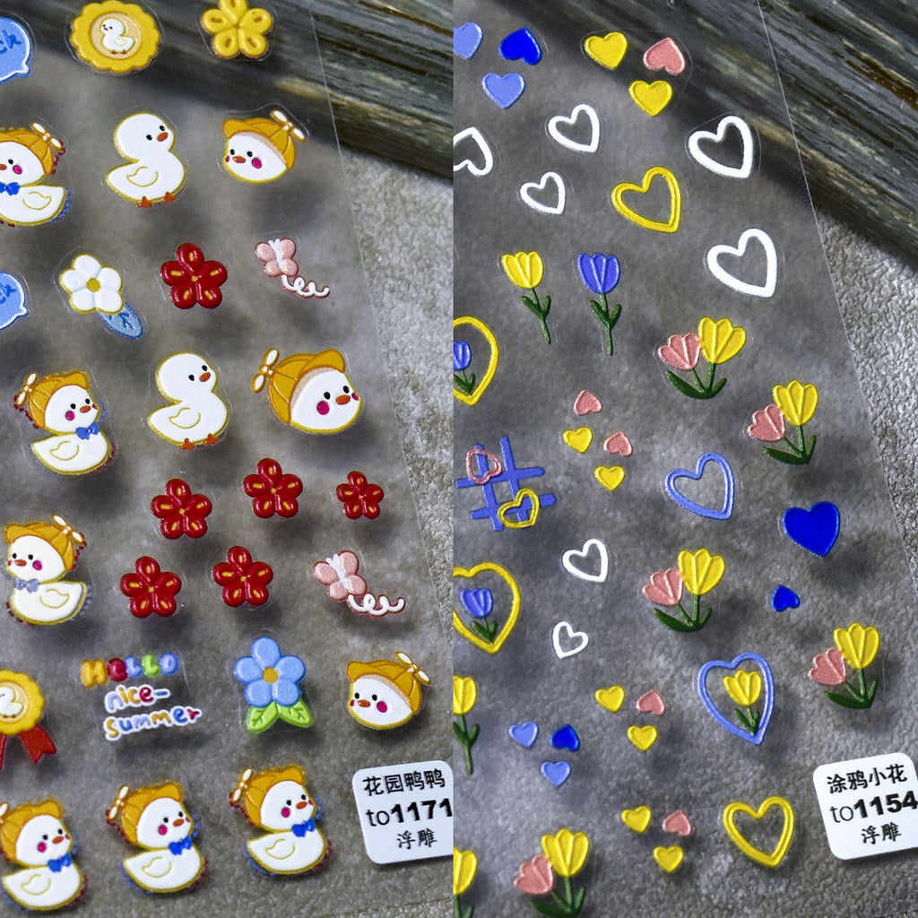 Color-Block Embossed Heart Nail Art